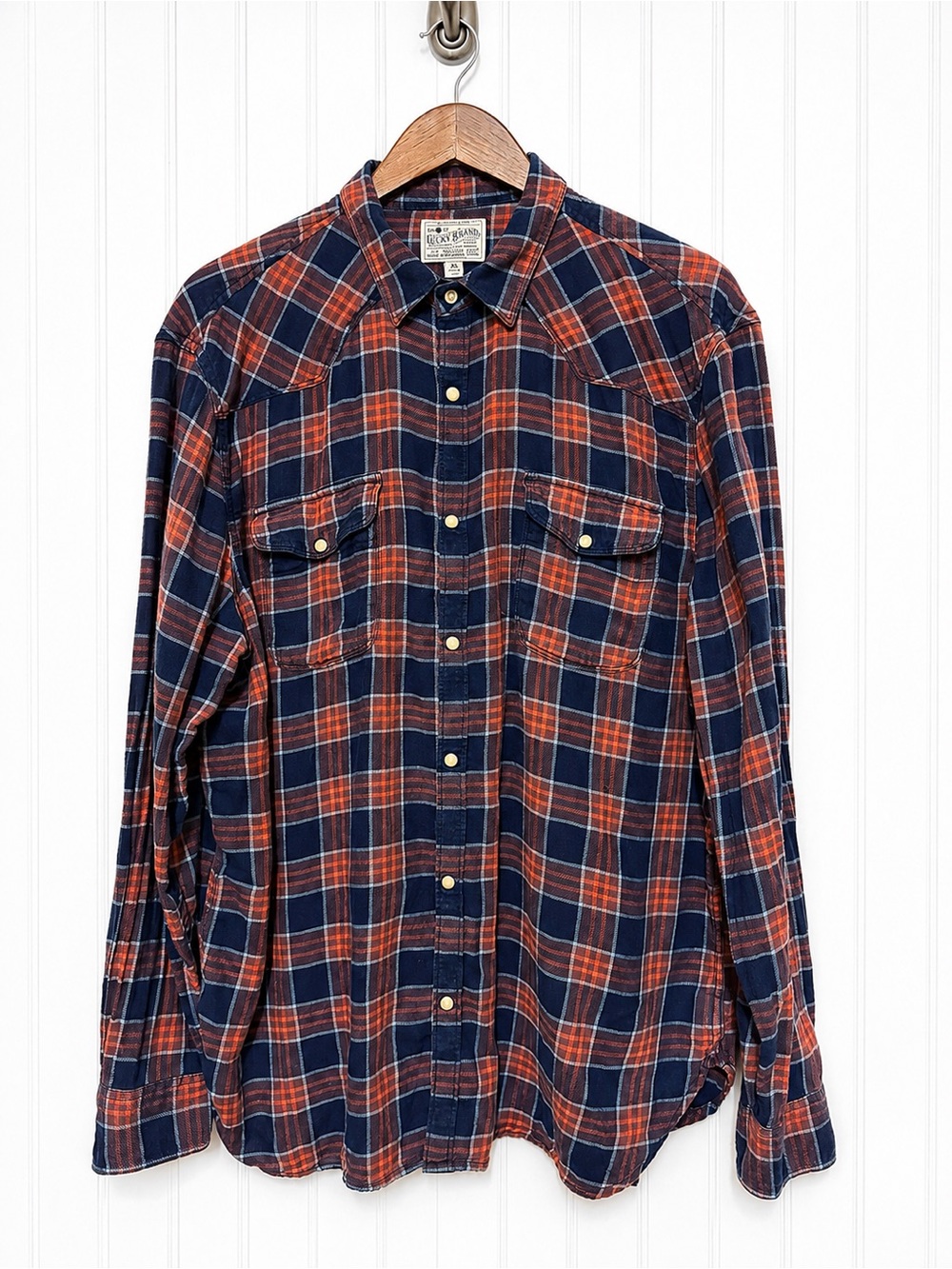 Lucky Brand Navy and Orange Plaid Button-Down Shirt